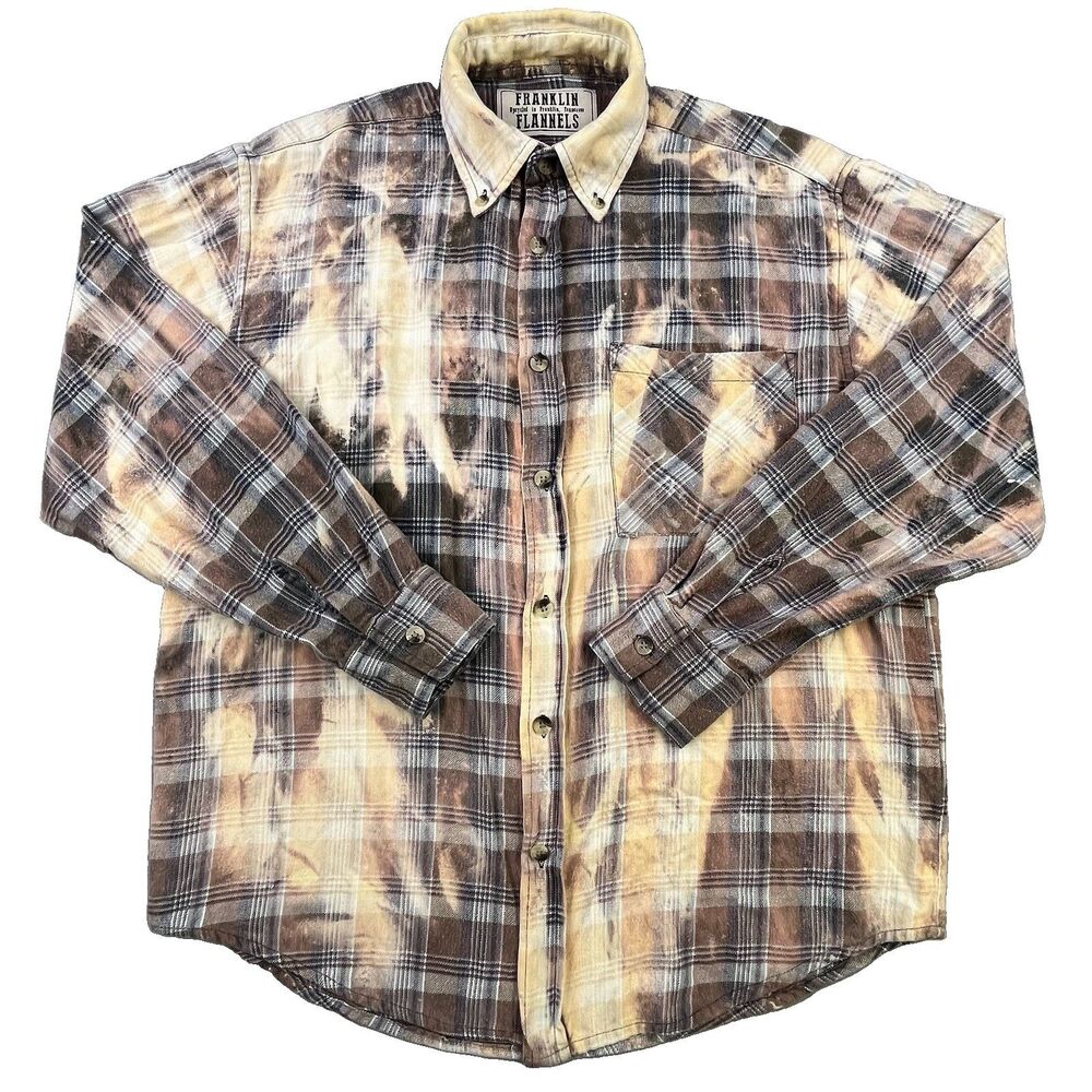 Franklin Flannels Upcycled Shirt Men L Bleach Dyed Button Down Long Sleeve